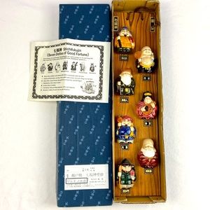 Vintage Shichifukujin ceramic figurines on wooder olaque Eastern Good Fortune